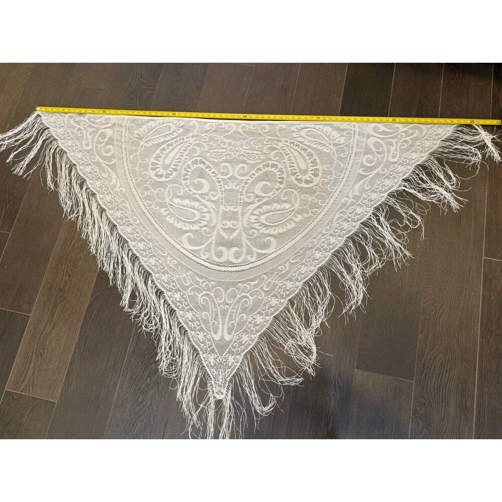 Vintage White Lace Fringe Boho Scarf 72x43” Shawl Bridal Festival Stevie Nicks